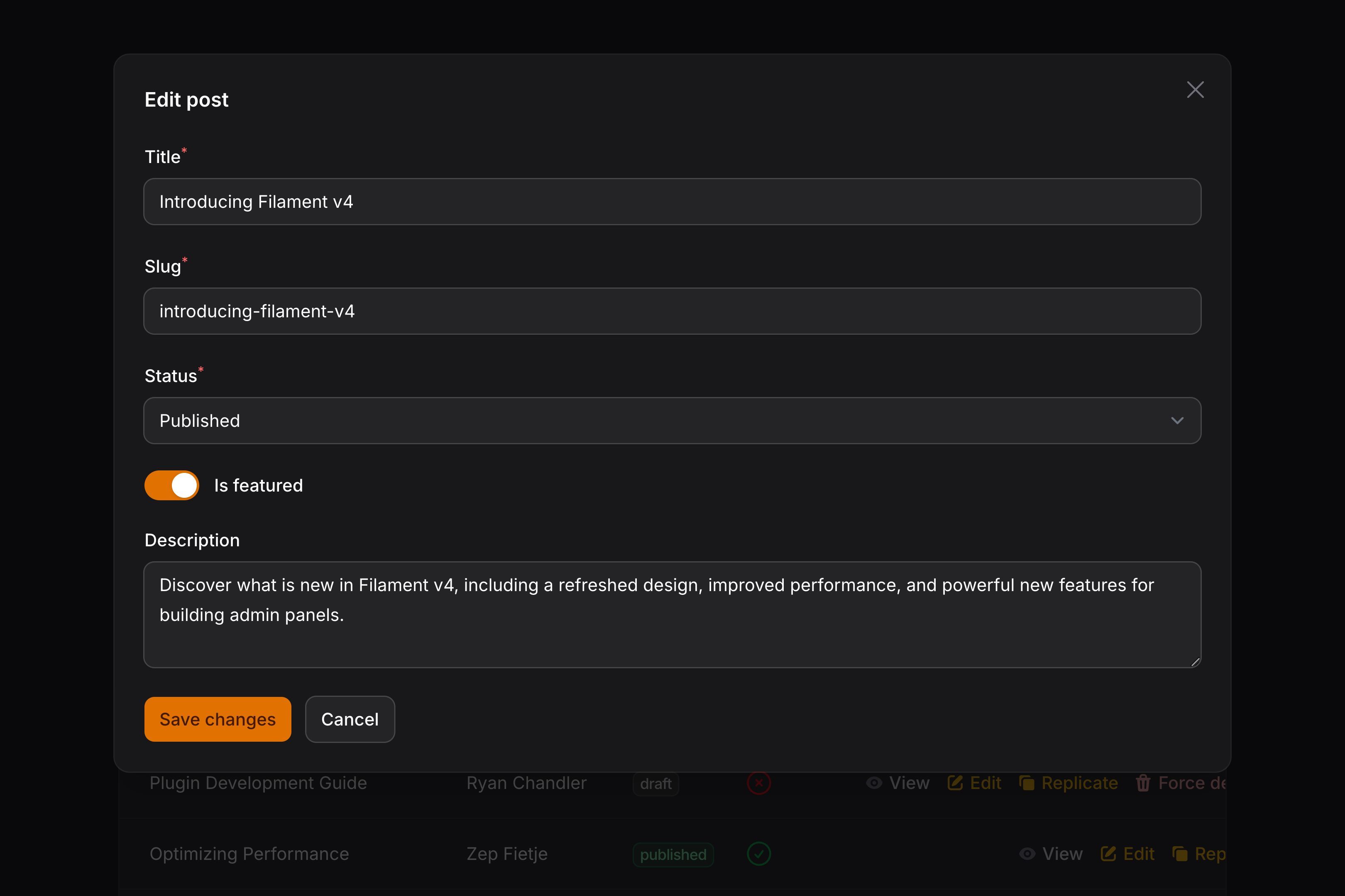 Edit action modal