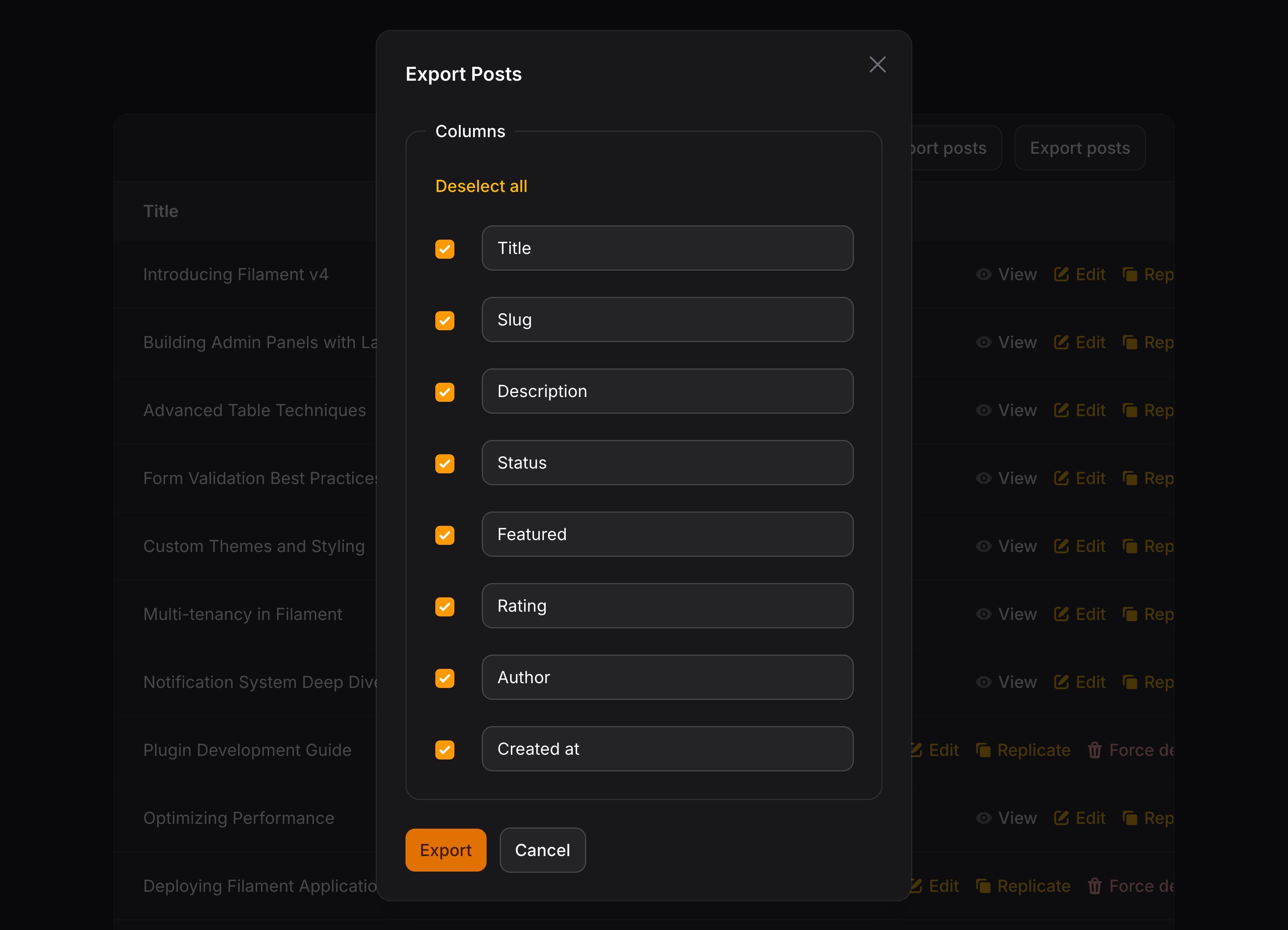 Export action modal