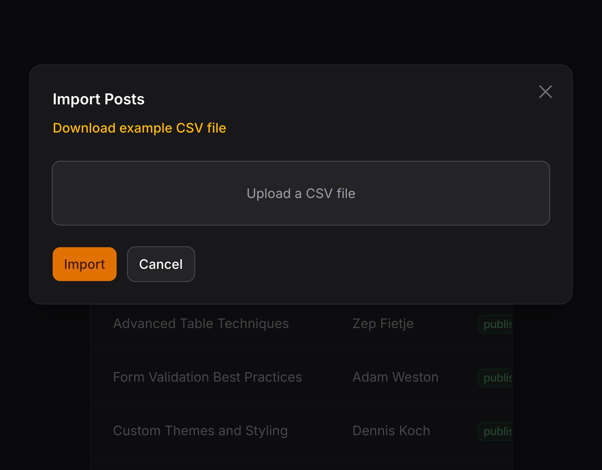 Import action modal