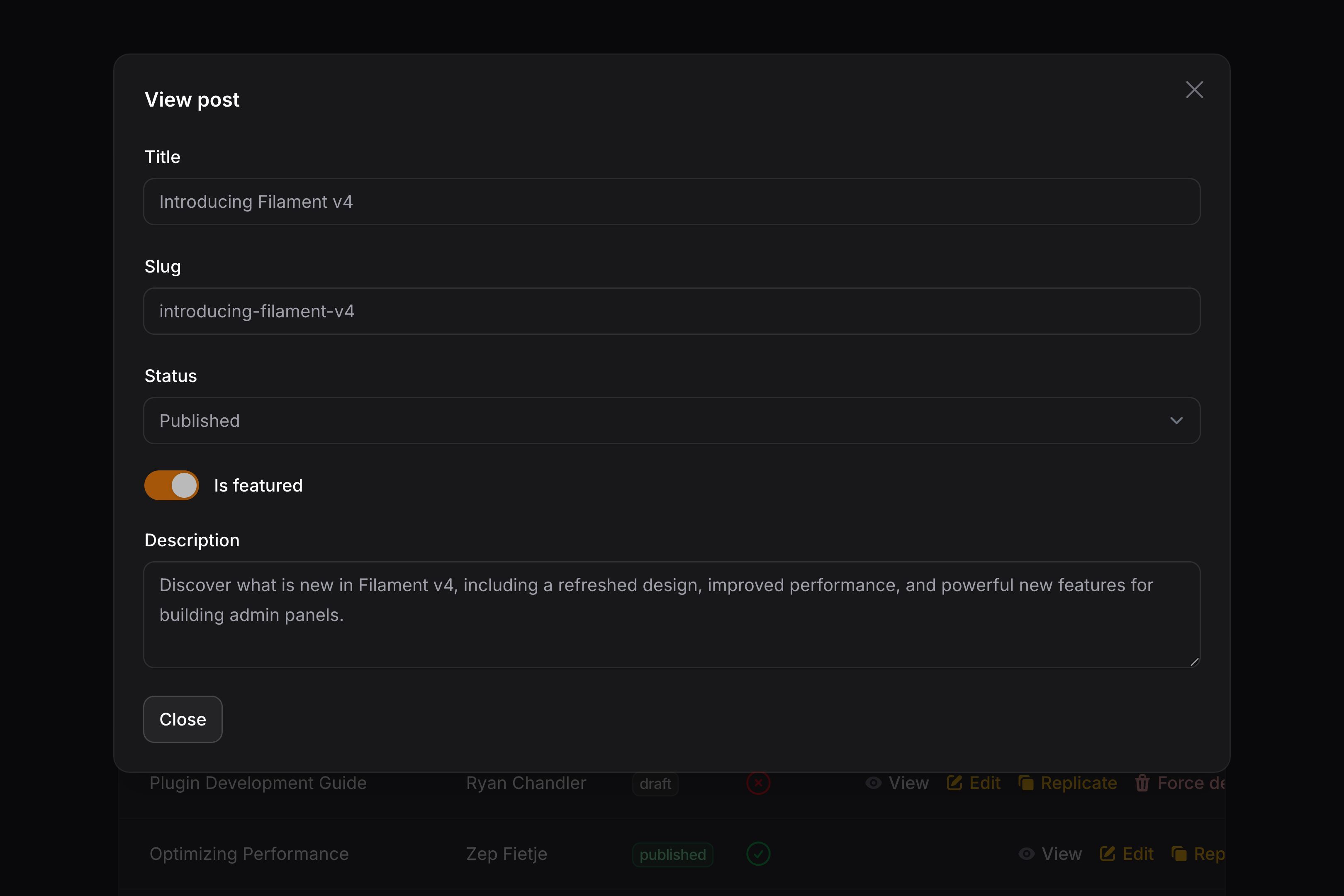 View action modal