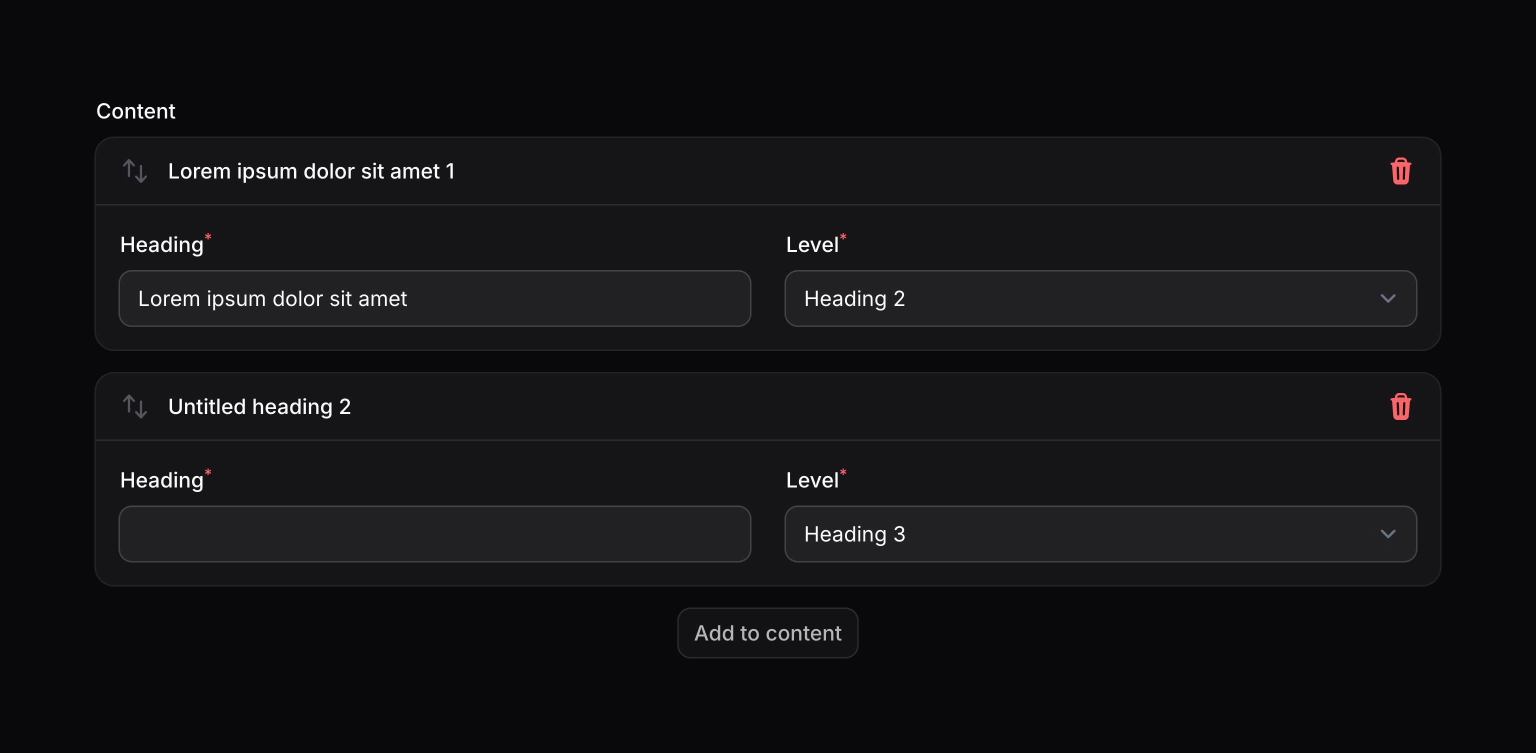Builder with labelled blocks based on the content