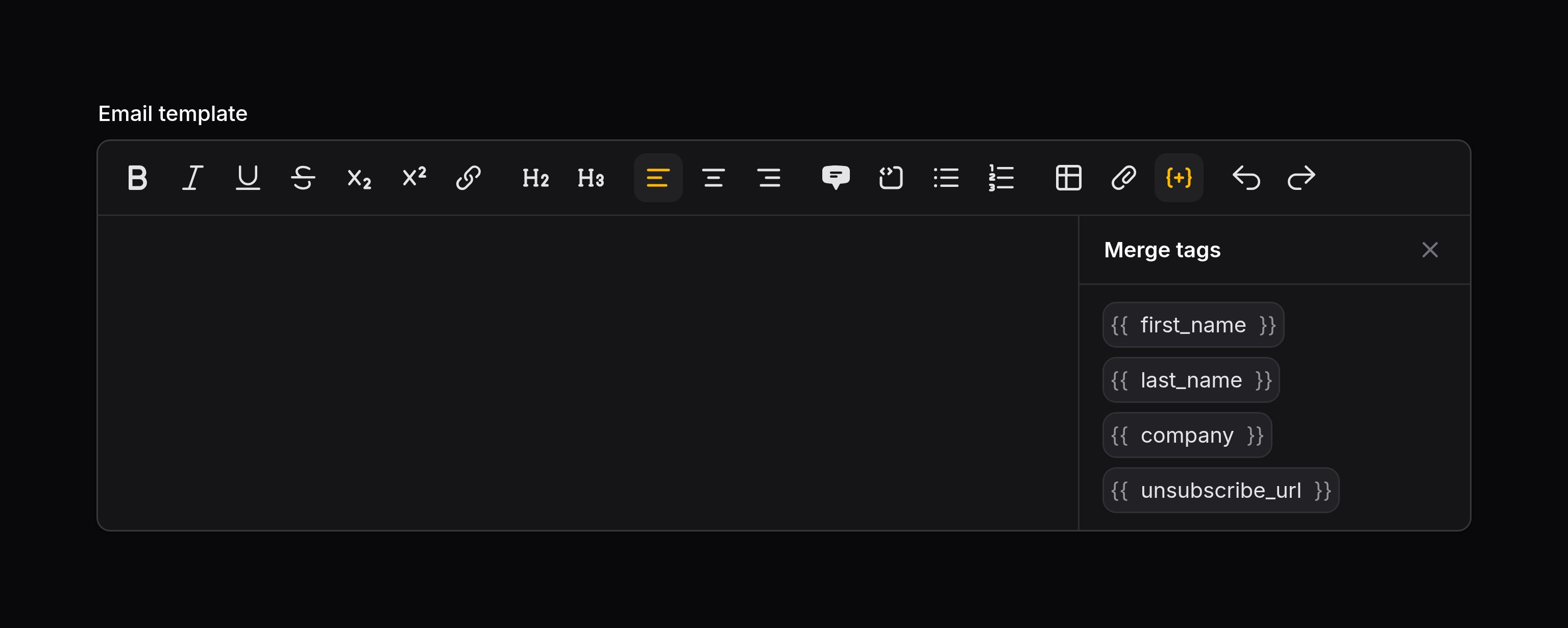 Rich editor with merge tags panel