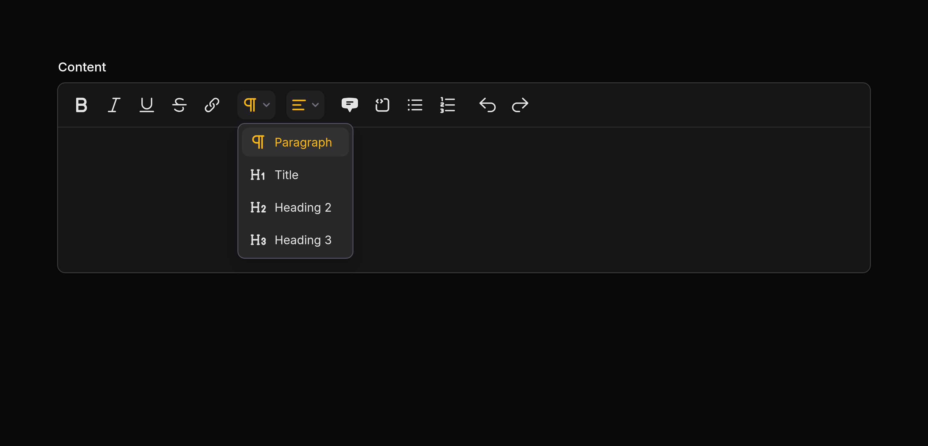 Rich editor with an open textual toolbar button group dropdown