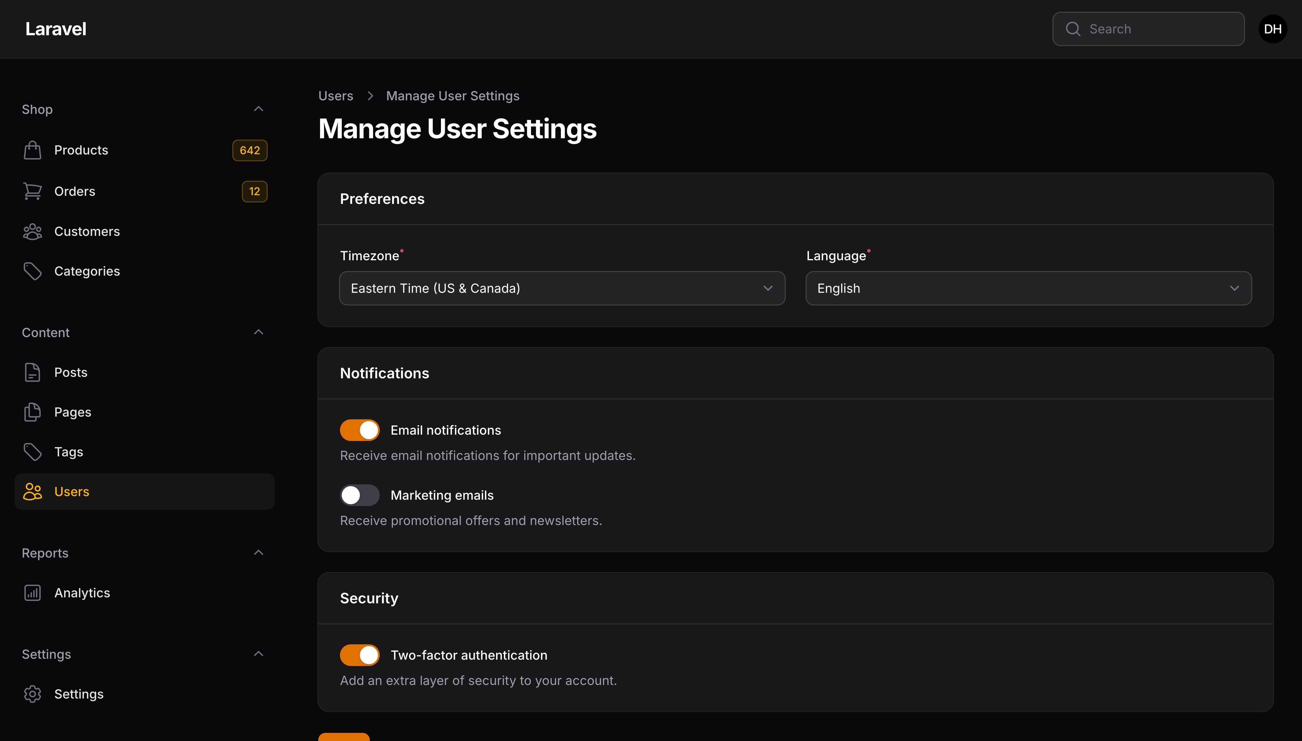 A custom resource page with a settings form