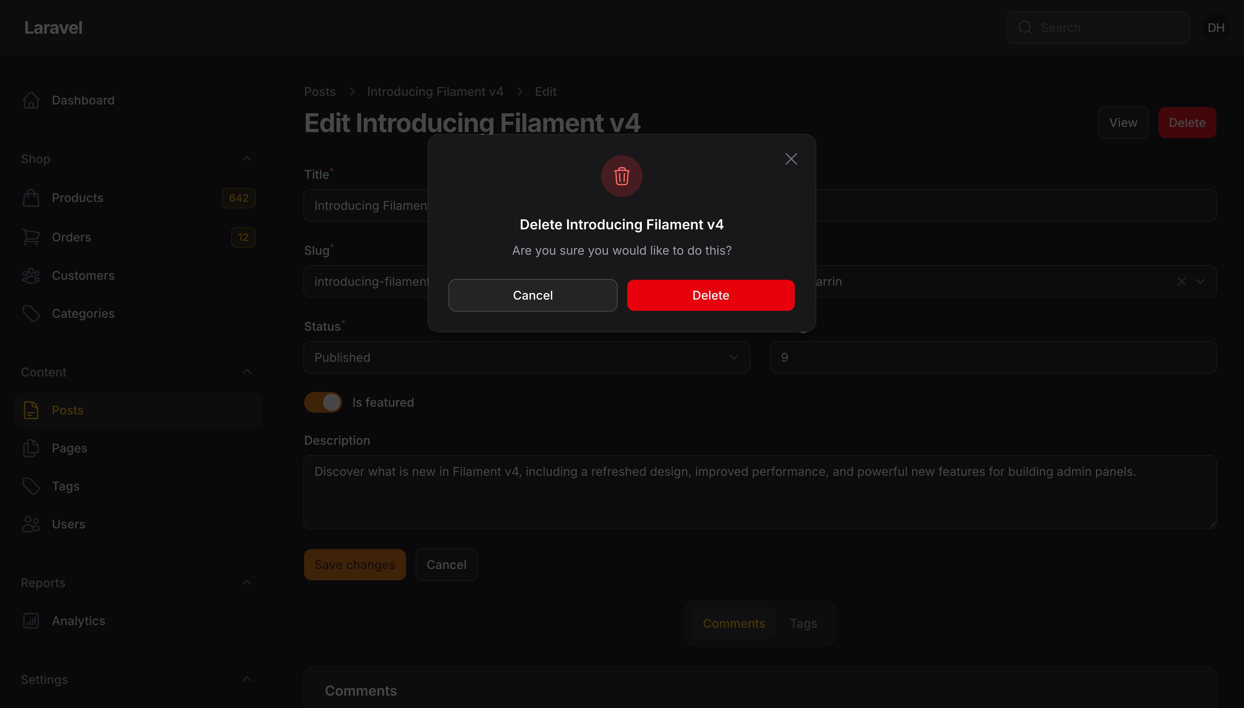 A delete confirmation modal