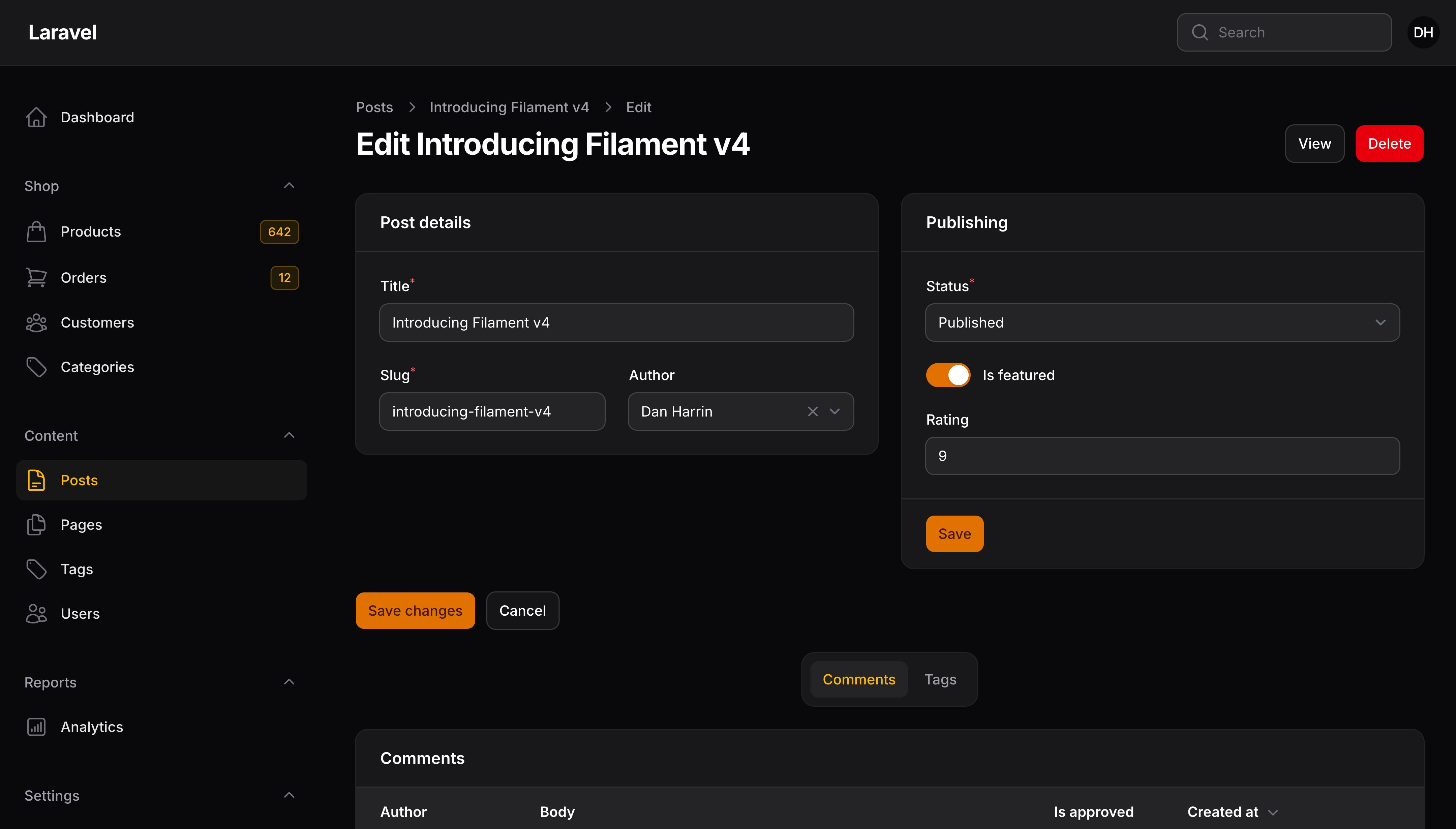 Resource edit page with section footer save action