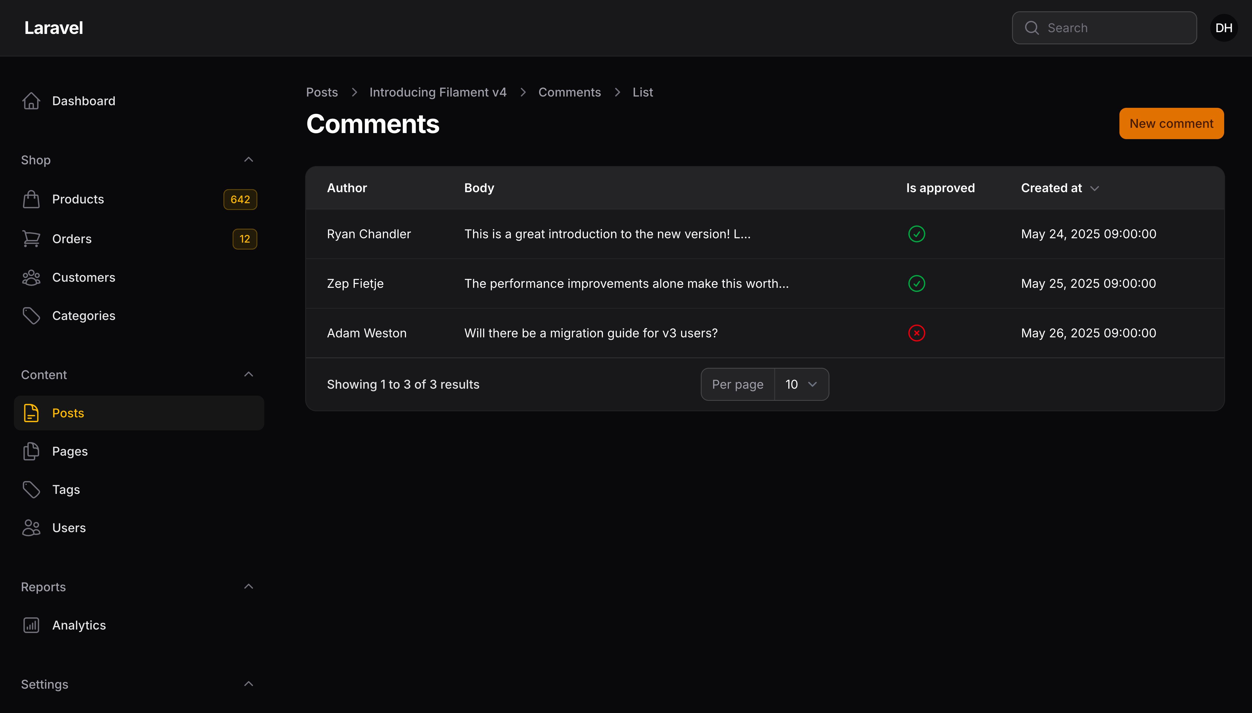 A nested resource listing comments under a post