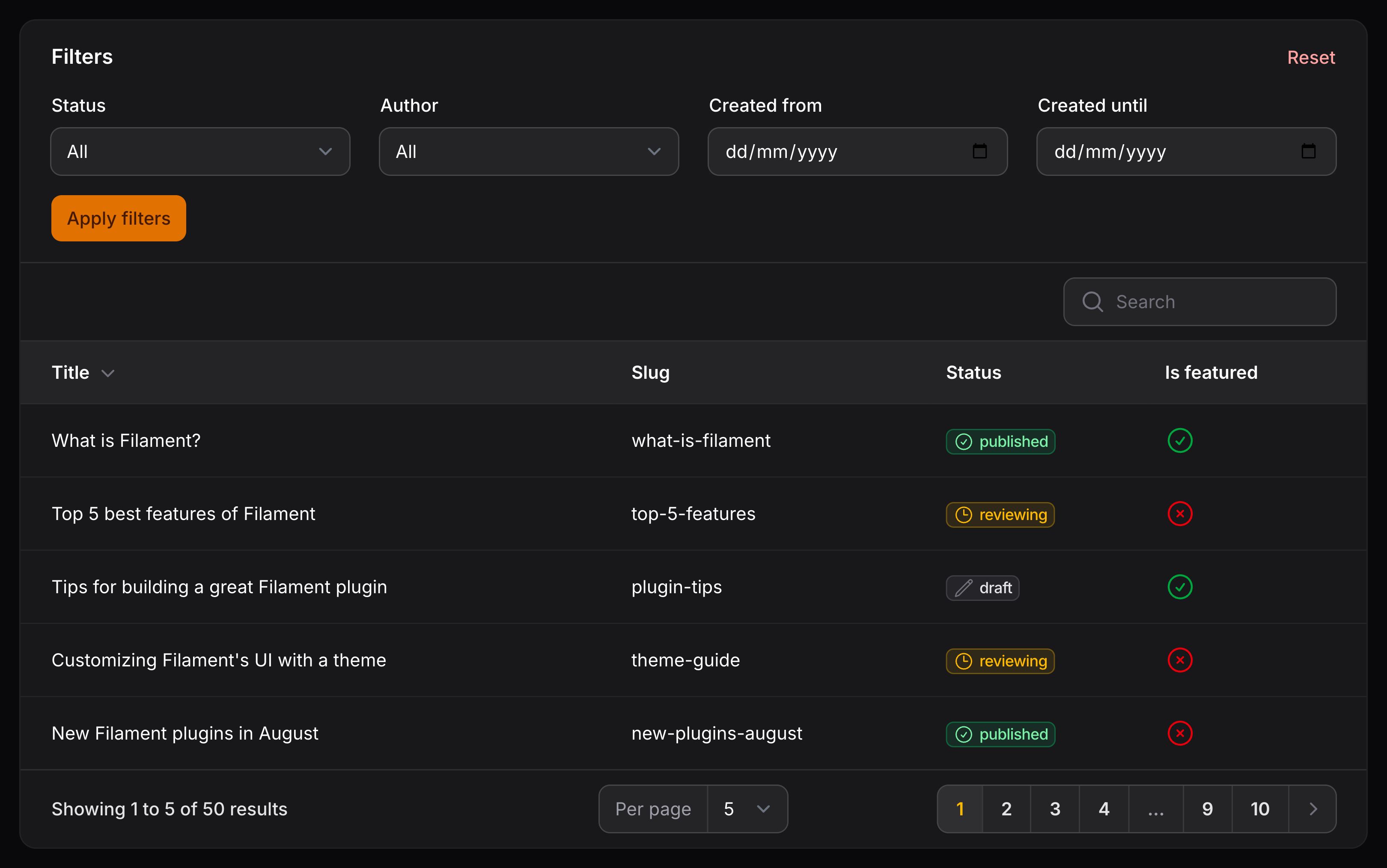 Table with filters above content