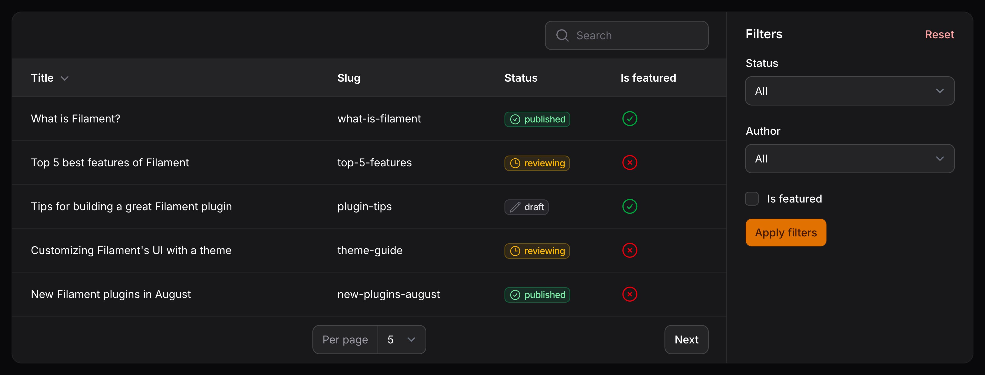 Table with filters after content