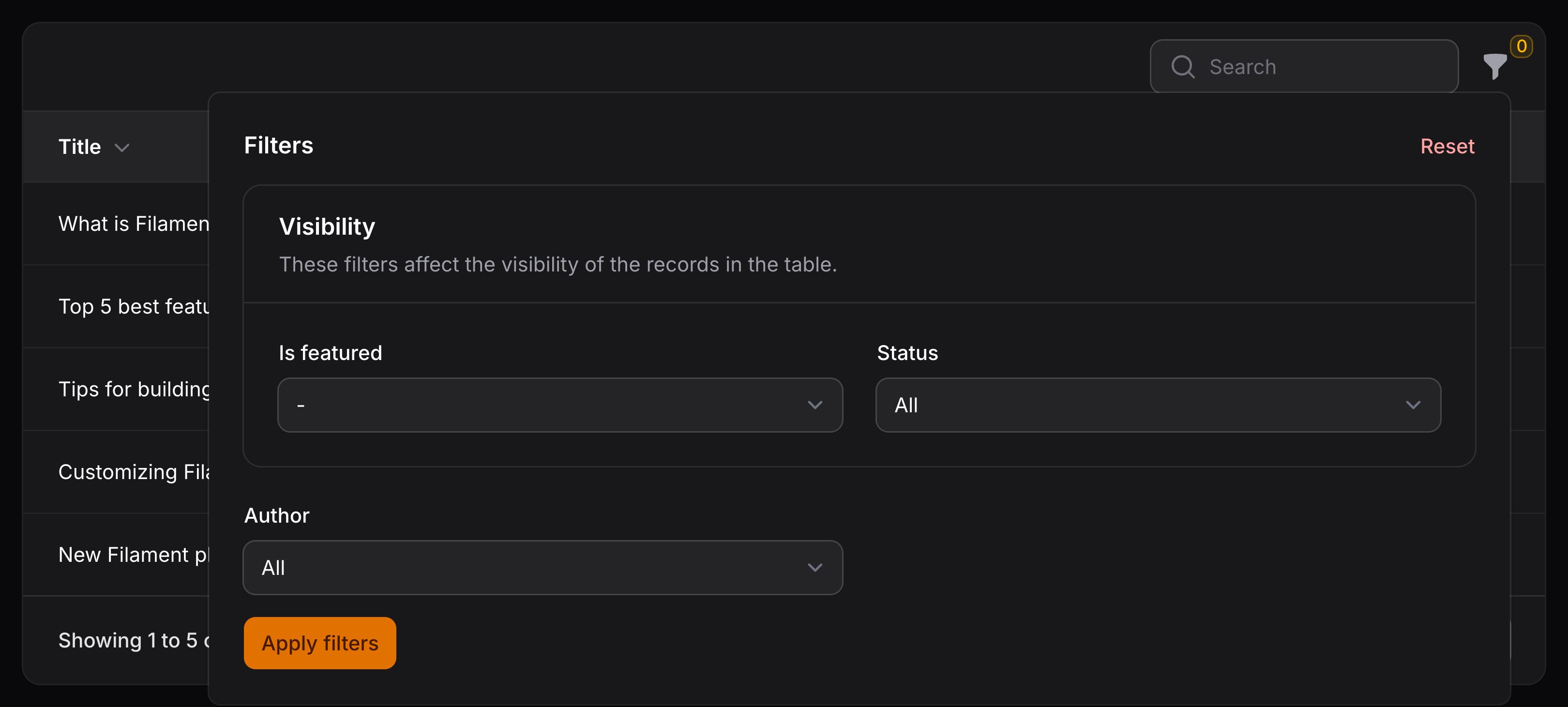 Table with custom filter form schema