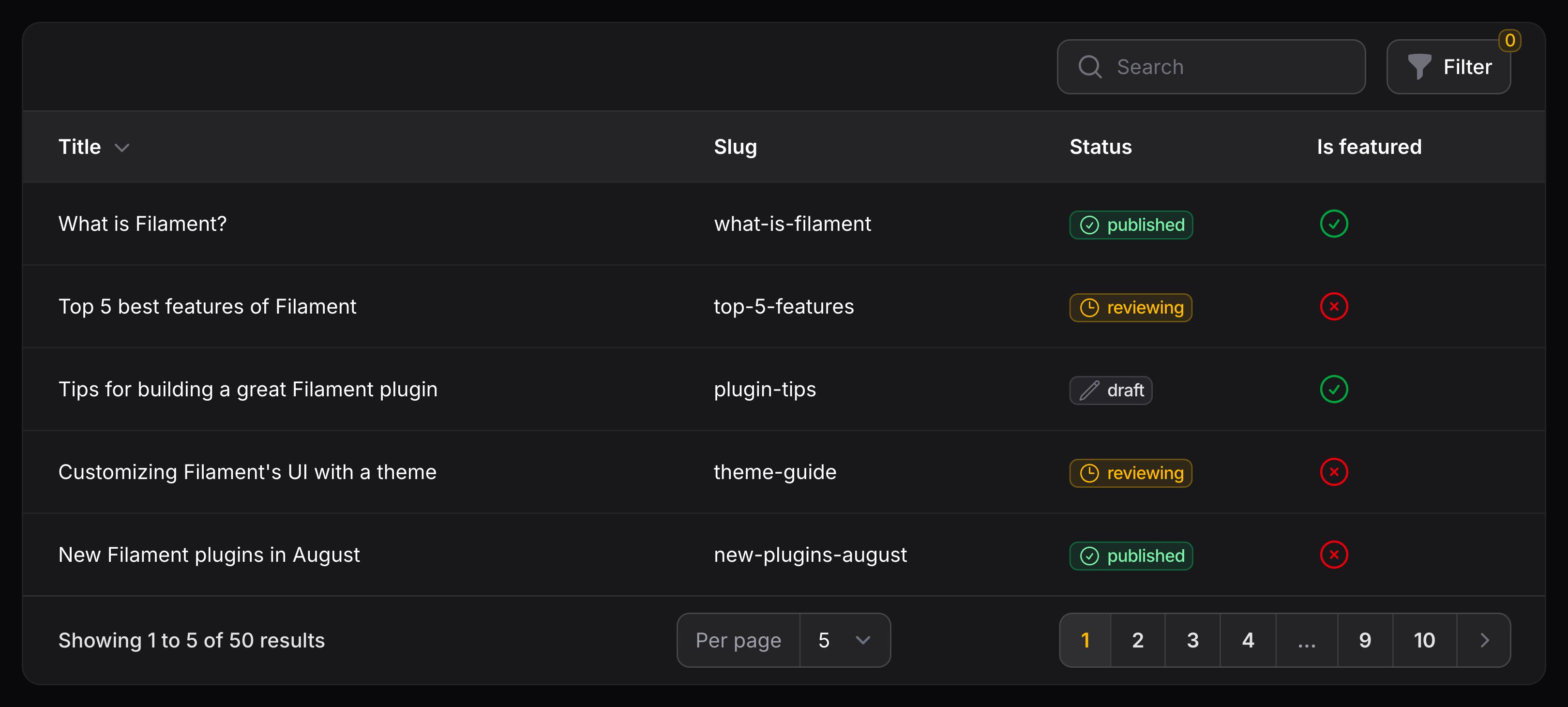 Table with custom filters trigger action
