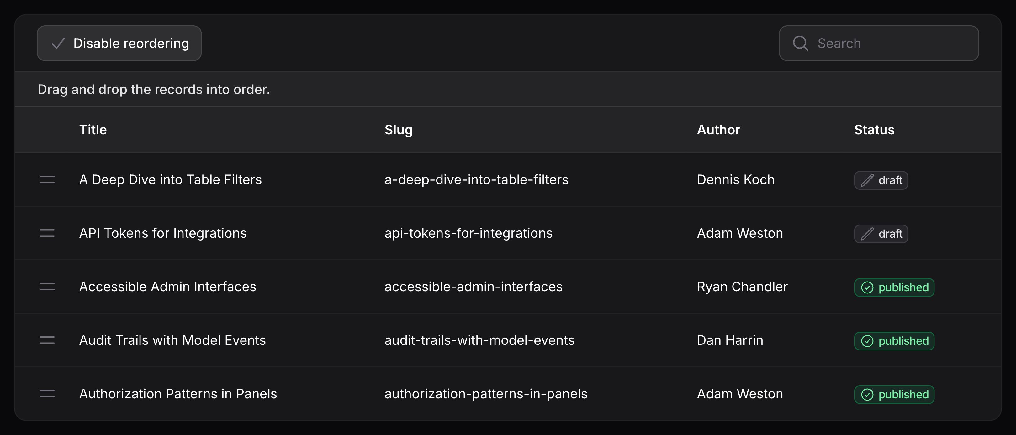 Table with reorderable rows and a custom trigger action