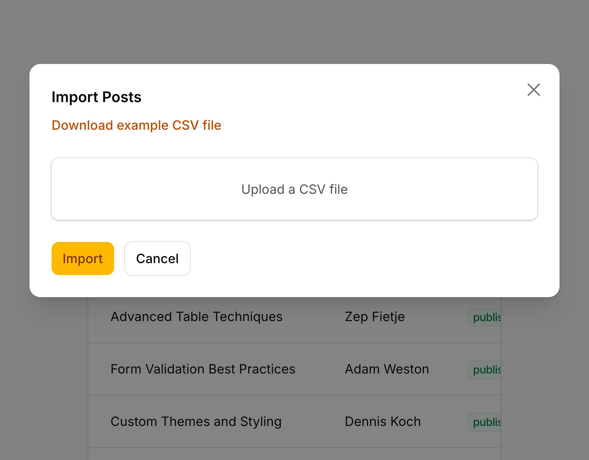 Import action modal