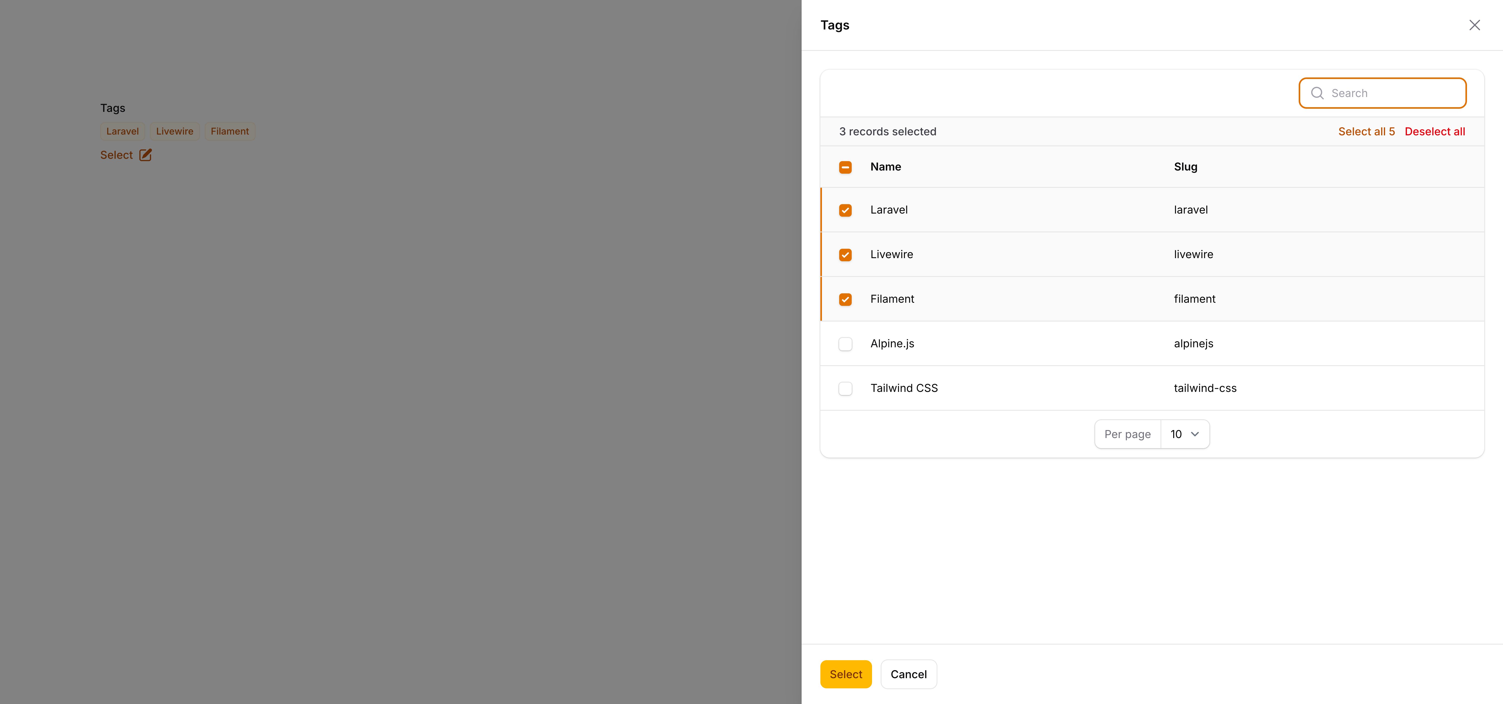 Modal table select with table open in a modal