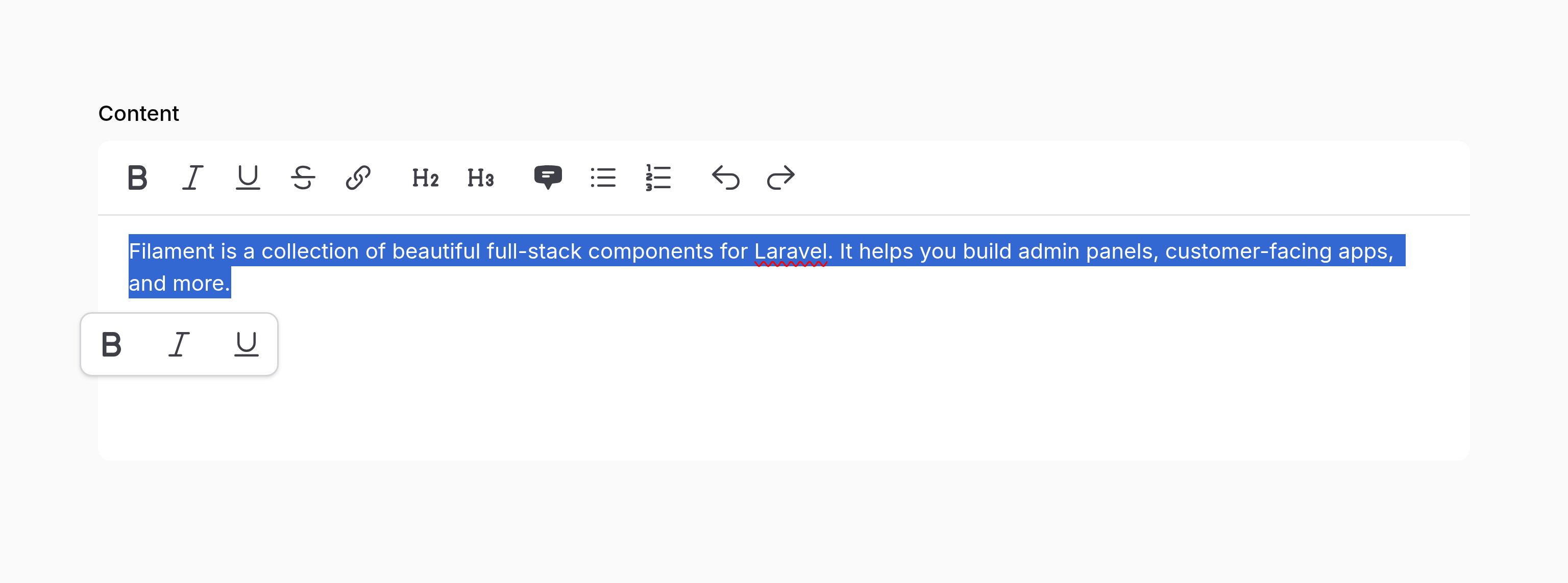 Rich editor with floating toolbar below selected text