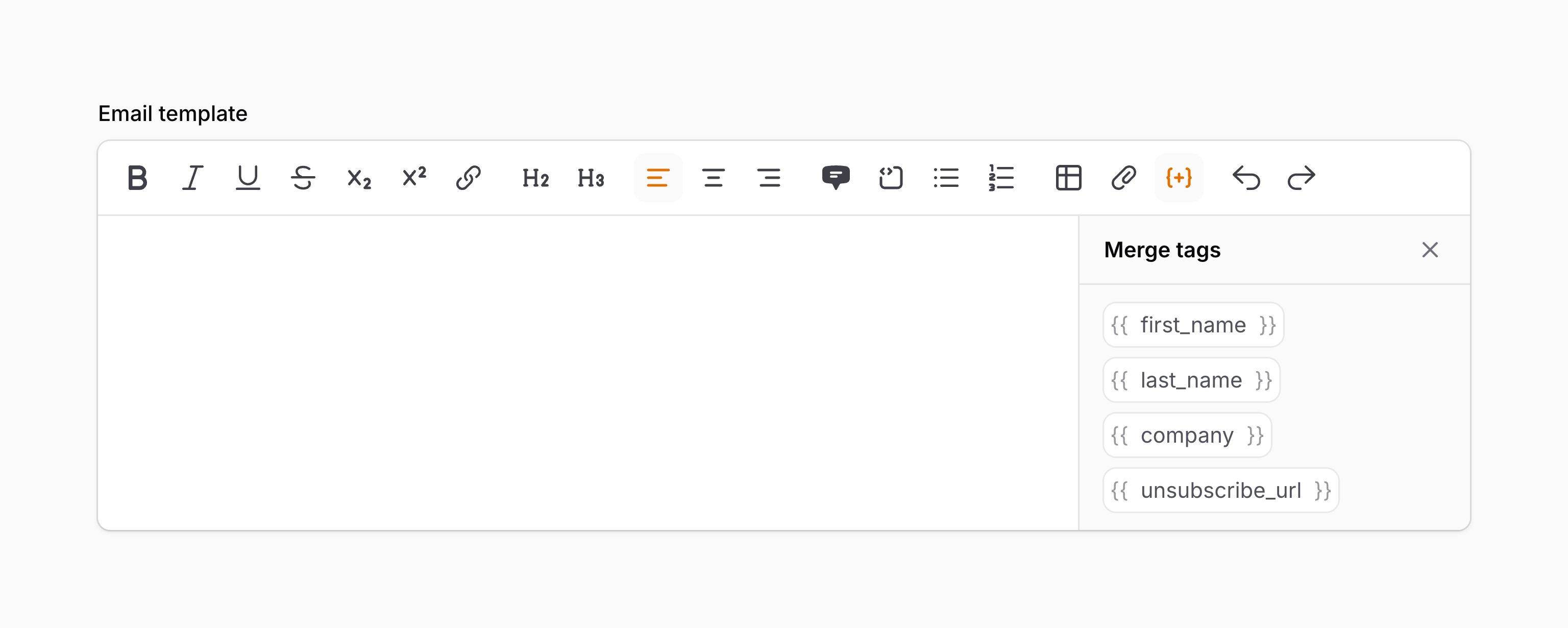 Rich editor with merge tags panel