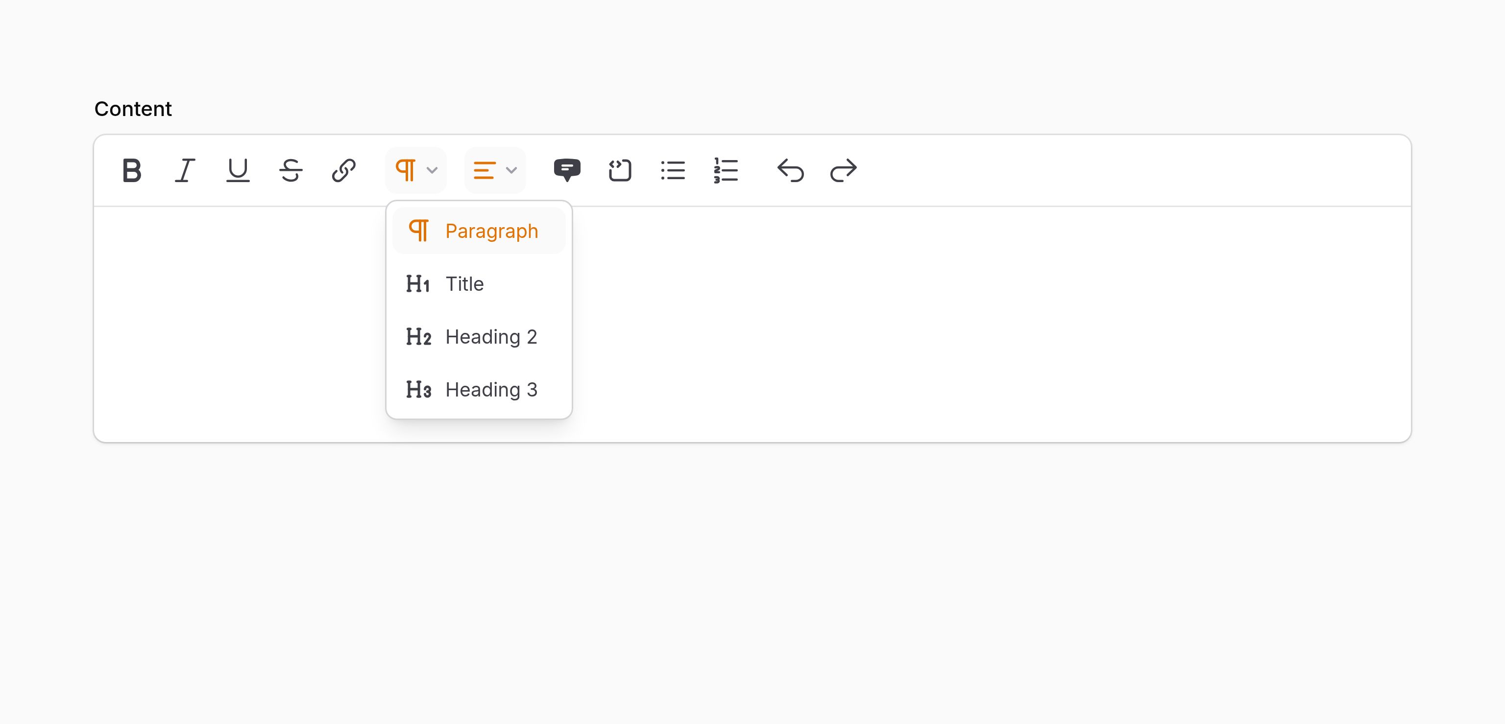 Rich editor with an open textual toolbar button group dropdown