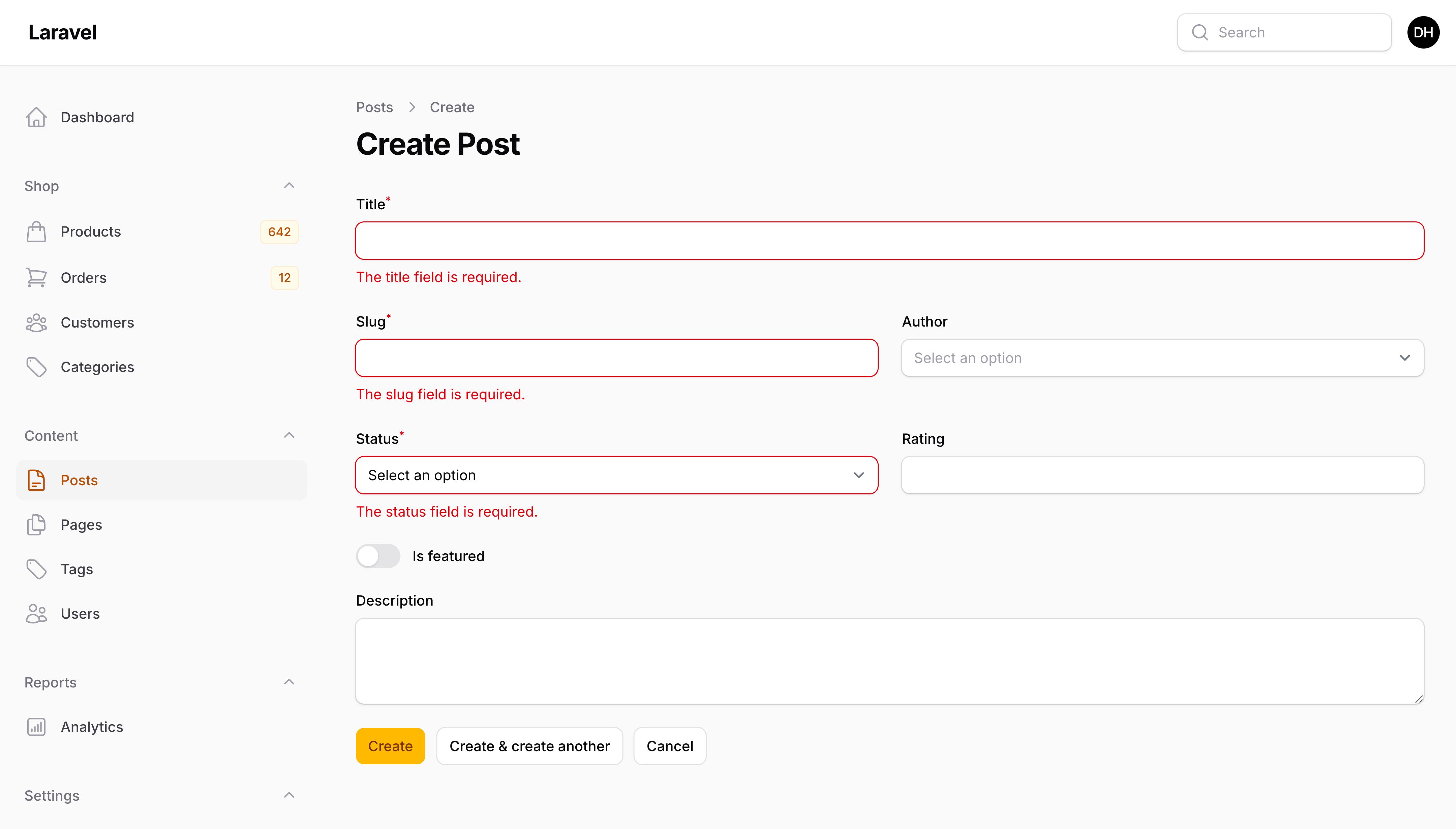 A form with validation errors