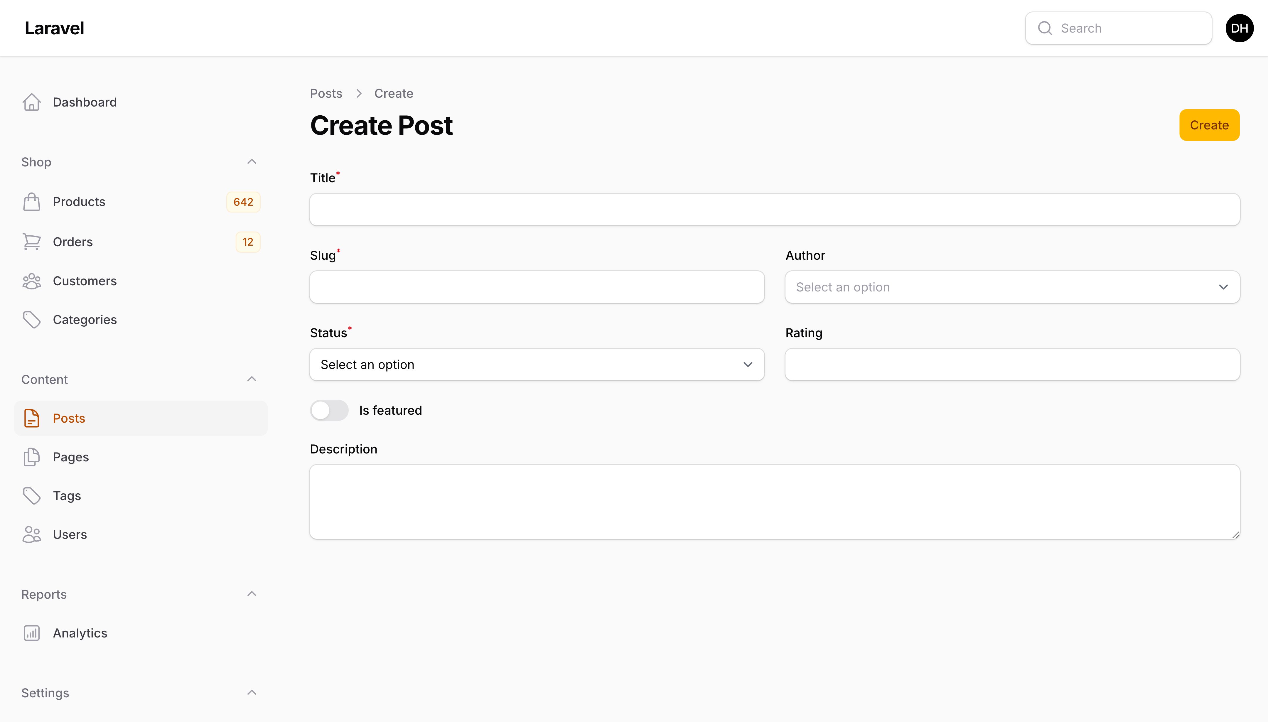 Resource create page with create action in the header
