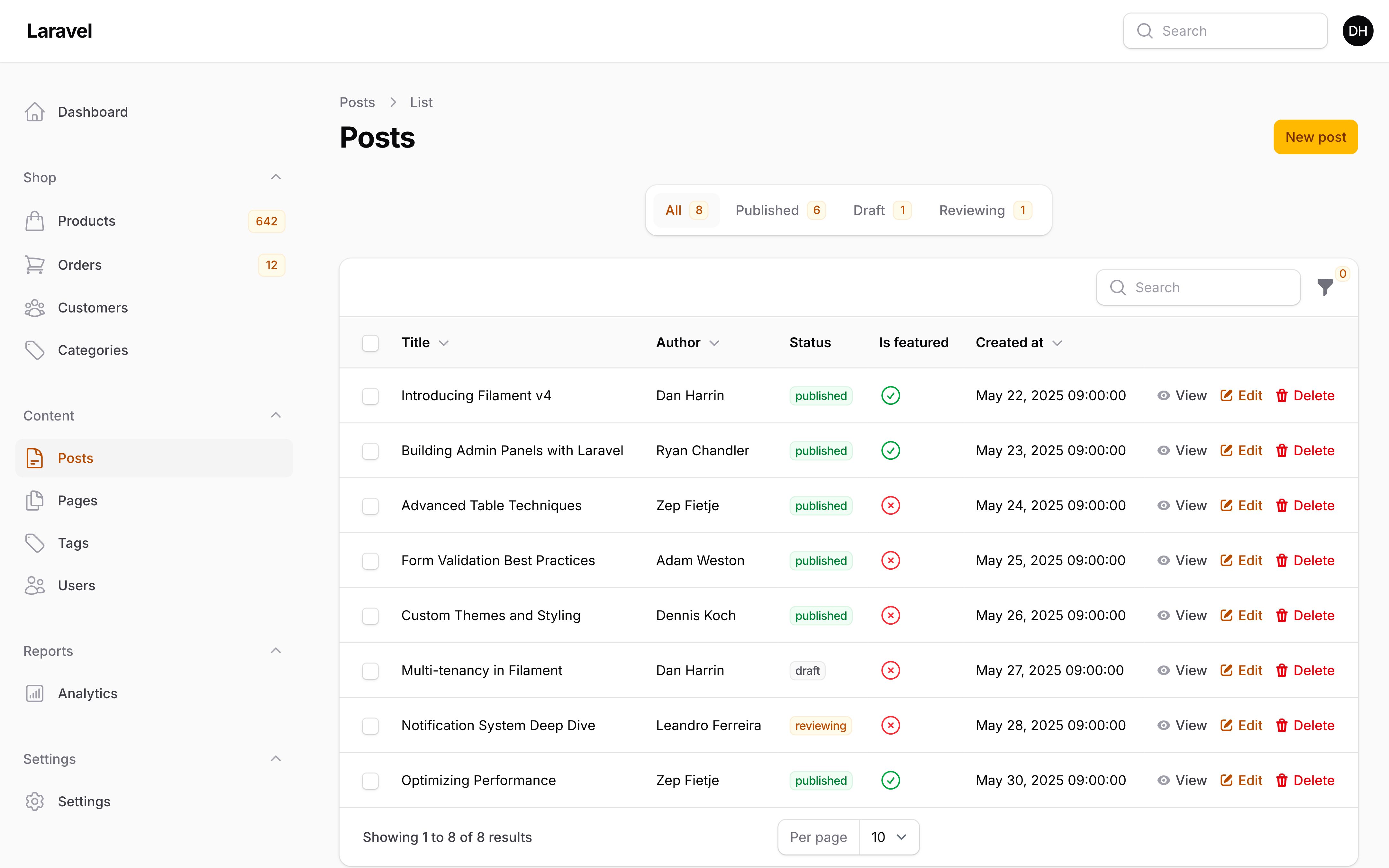 Resource listing page with tabs