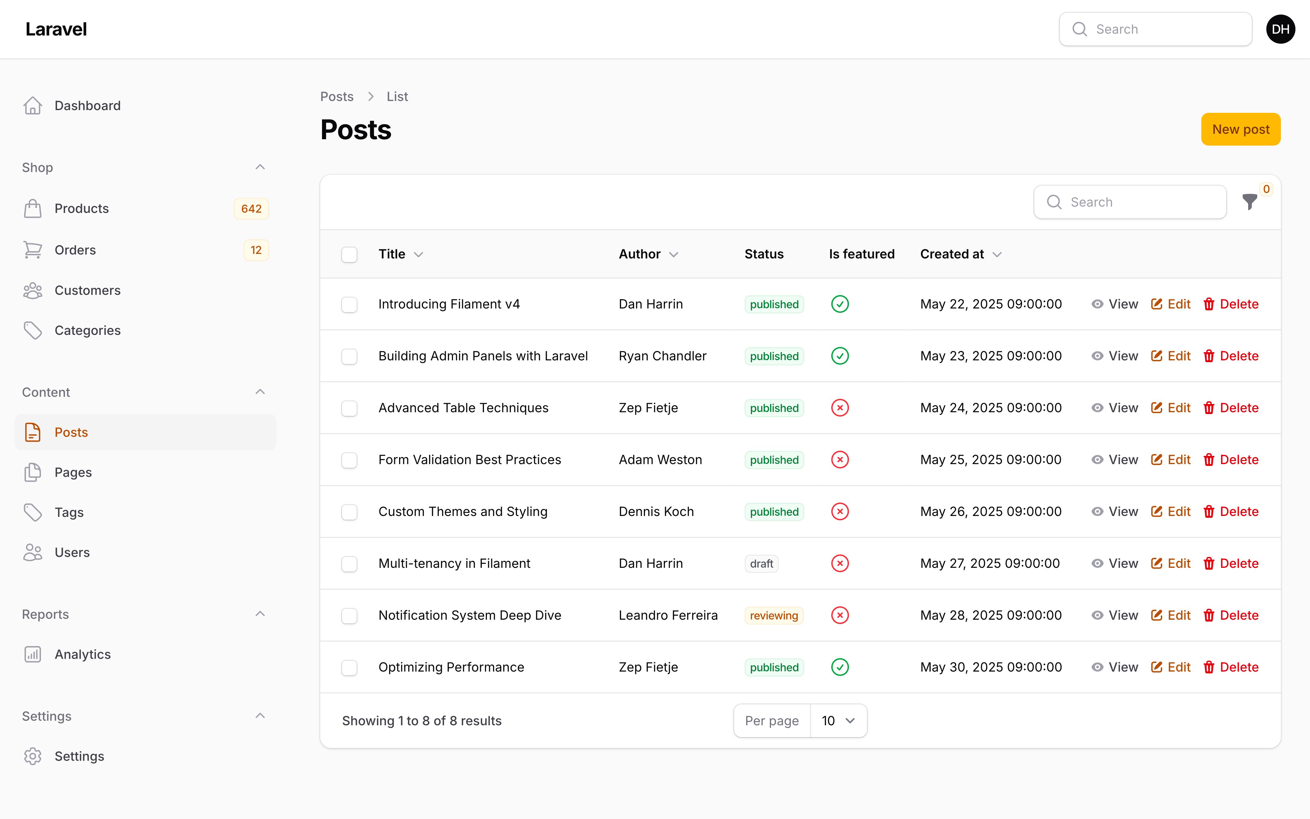 A resource listing page