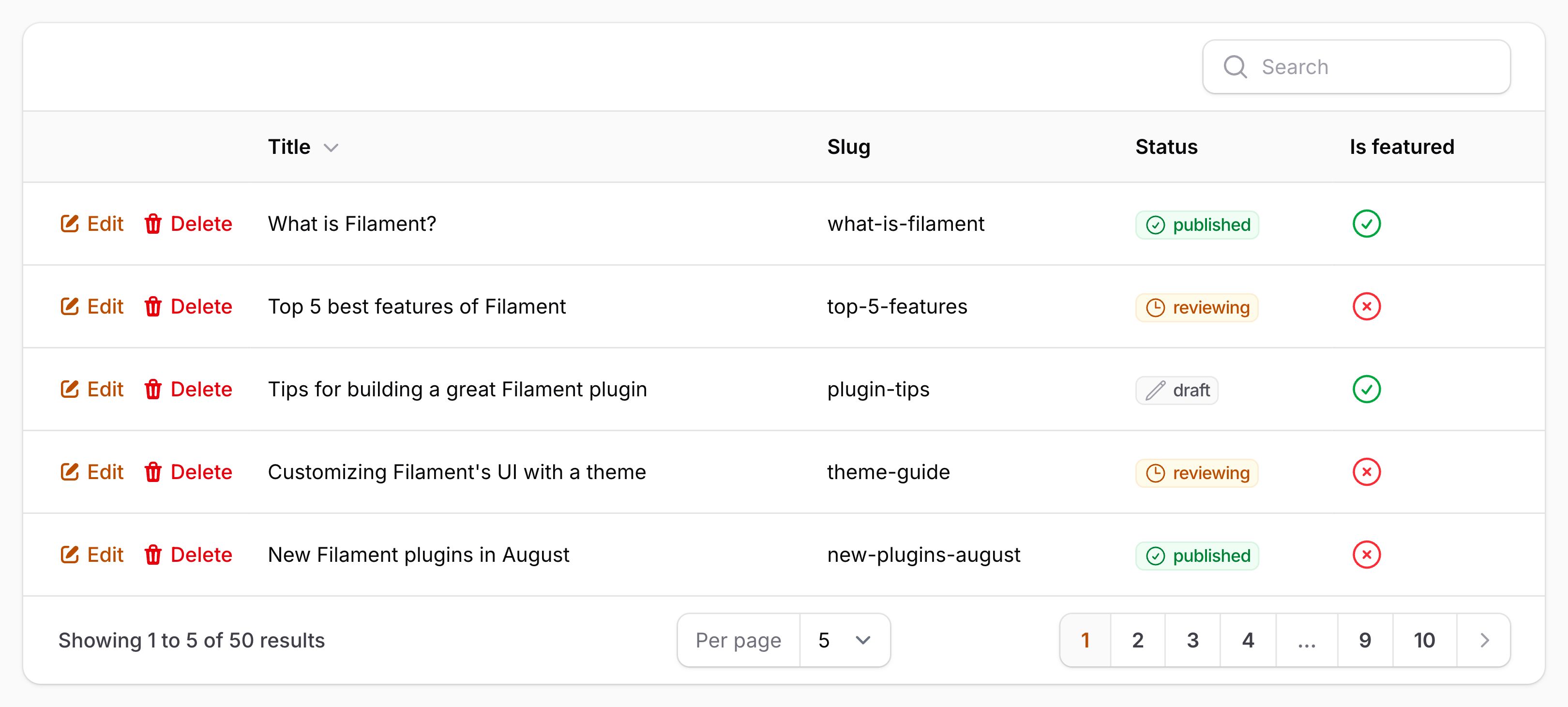 Table with actions before columns