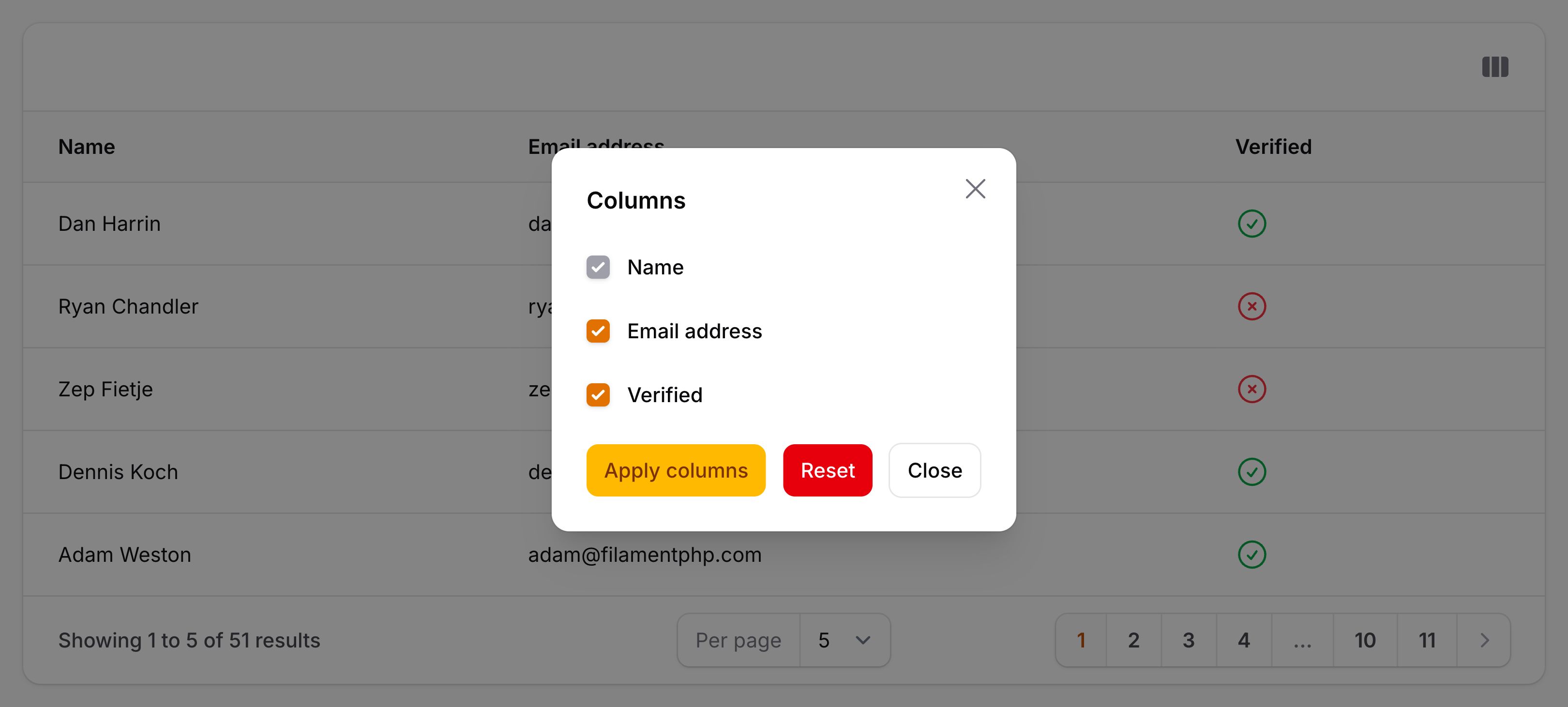 Table with column manager in a modal