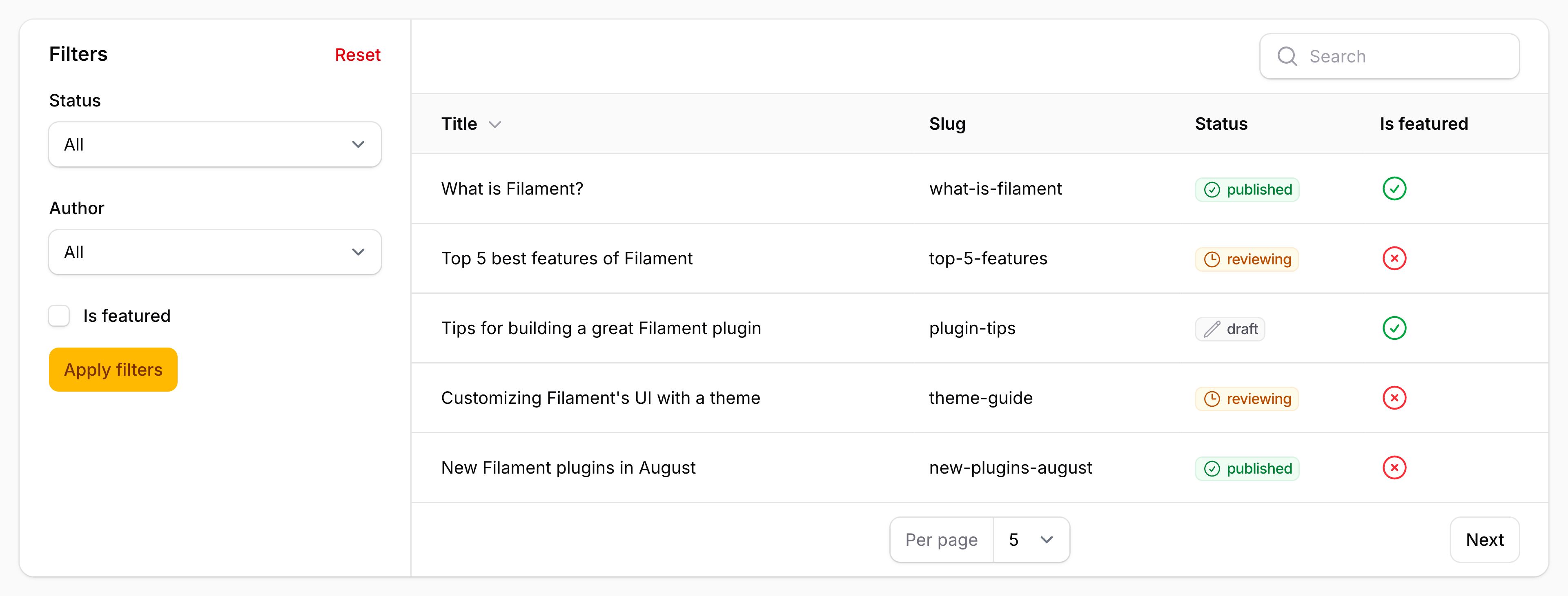 Table with filters before content