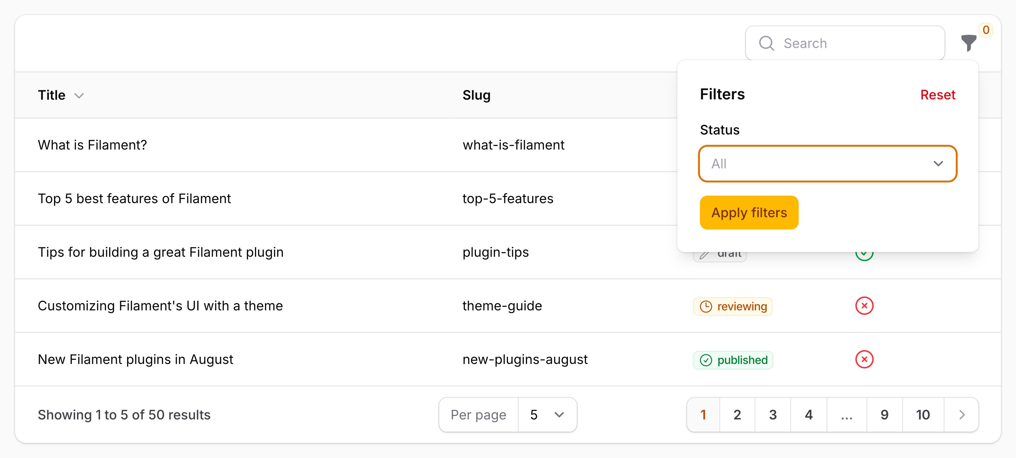 Table with a multi-select filter