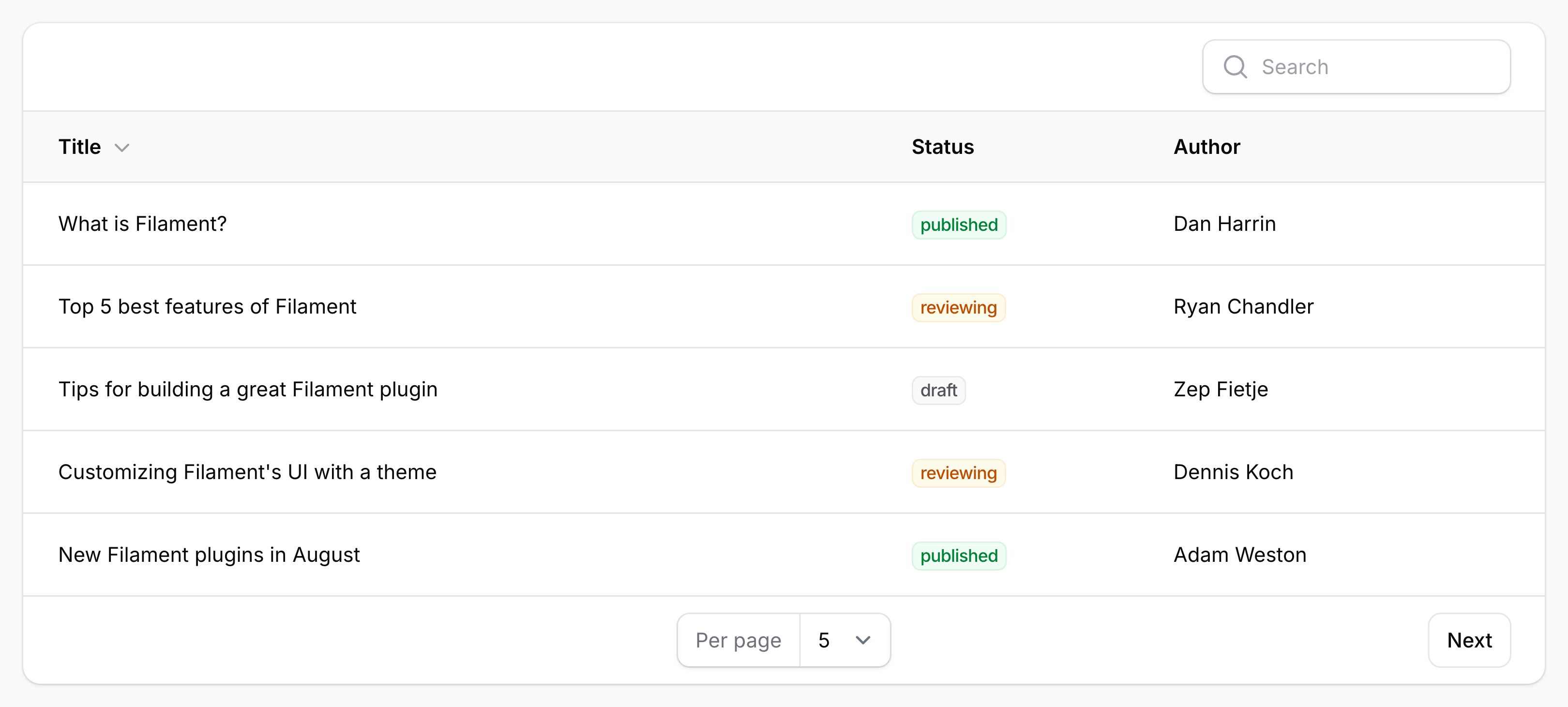 Table with simple pagination