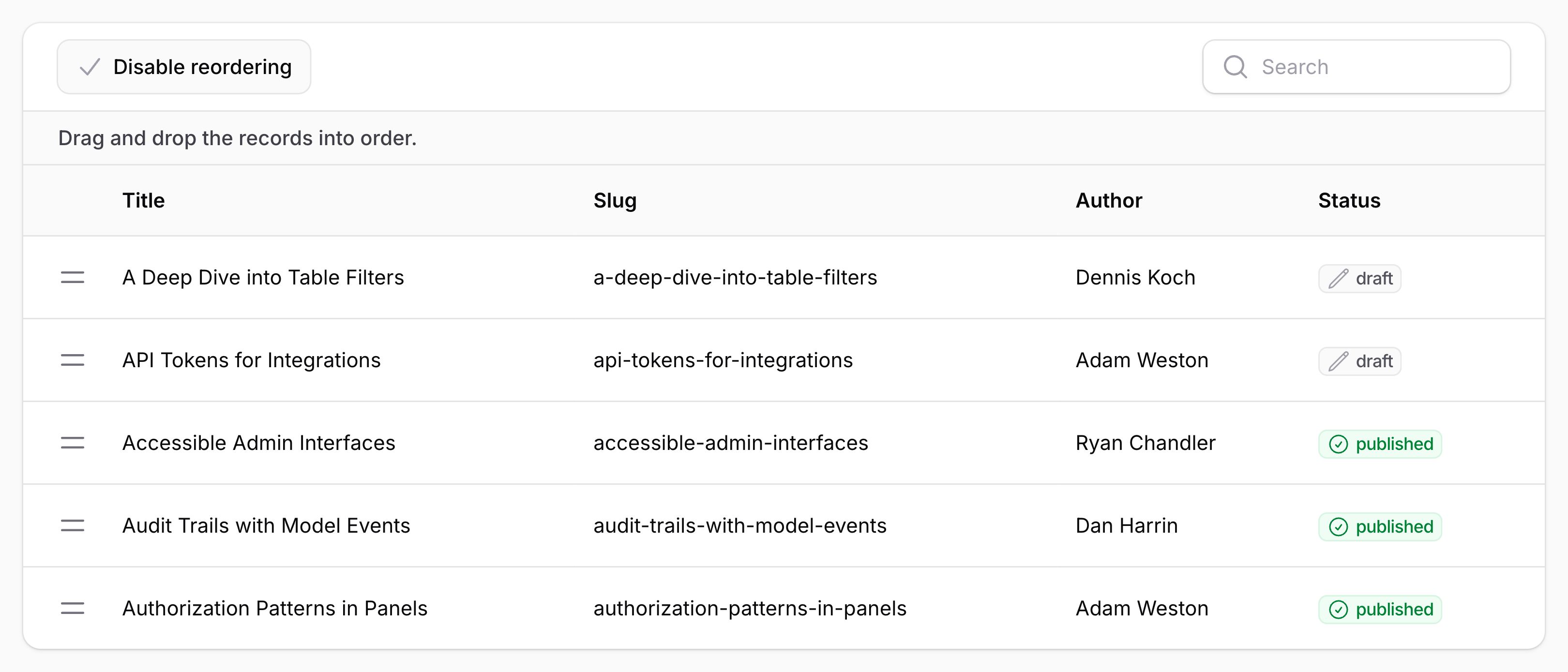 Table with reorderable rows and a custom trigger action